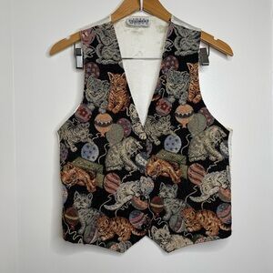 Vintage 80s 90s Idea Nuova Cat Kitten Tapestry Vest Women’s Size Medium Quirky